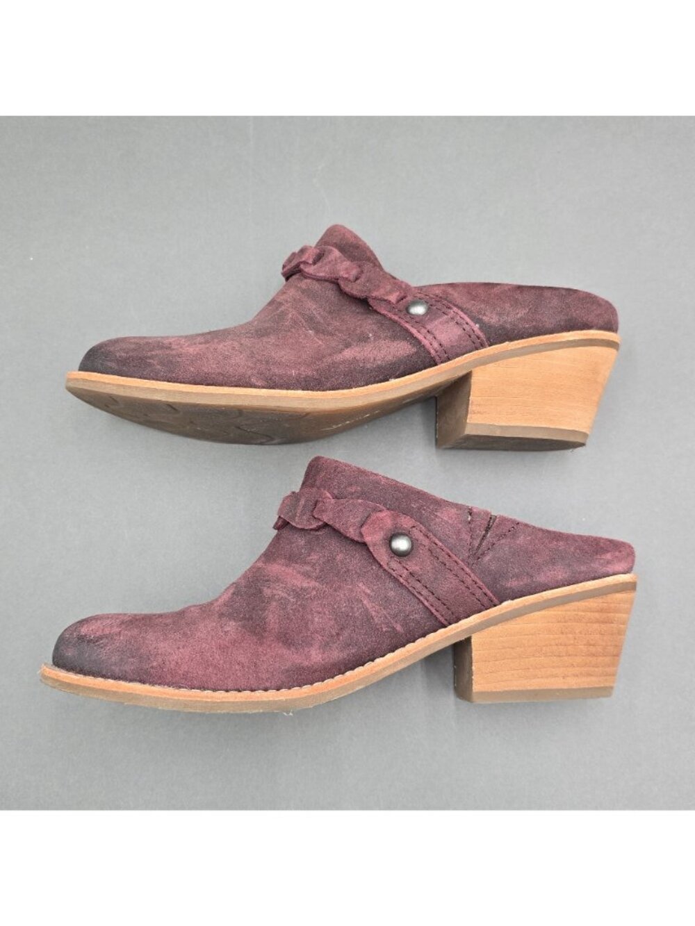 Earth Juliet Burgundy Suede Mules Size 7.5M Braided Strap Block Heel Clogs Shoes - Picture 3 of 9